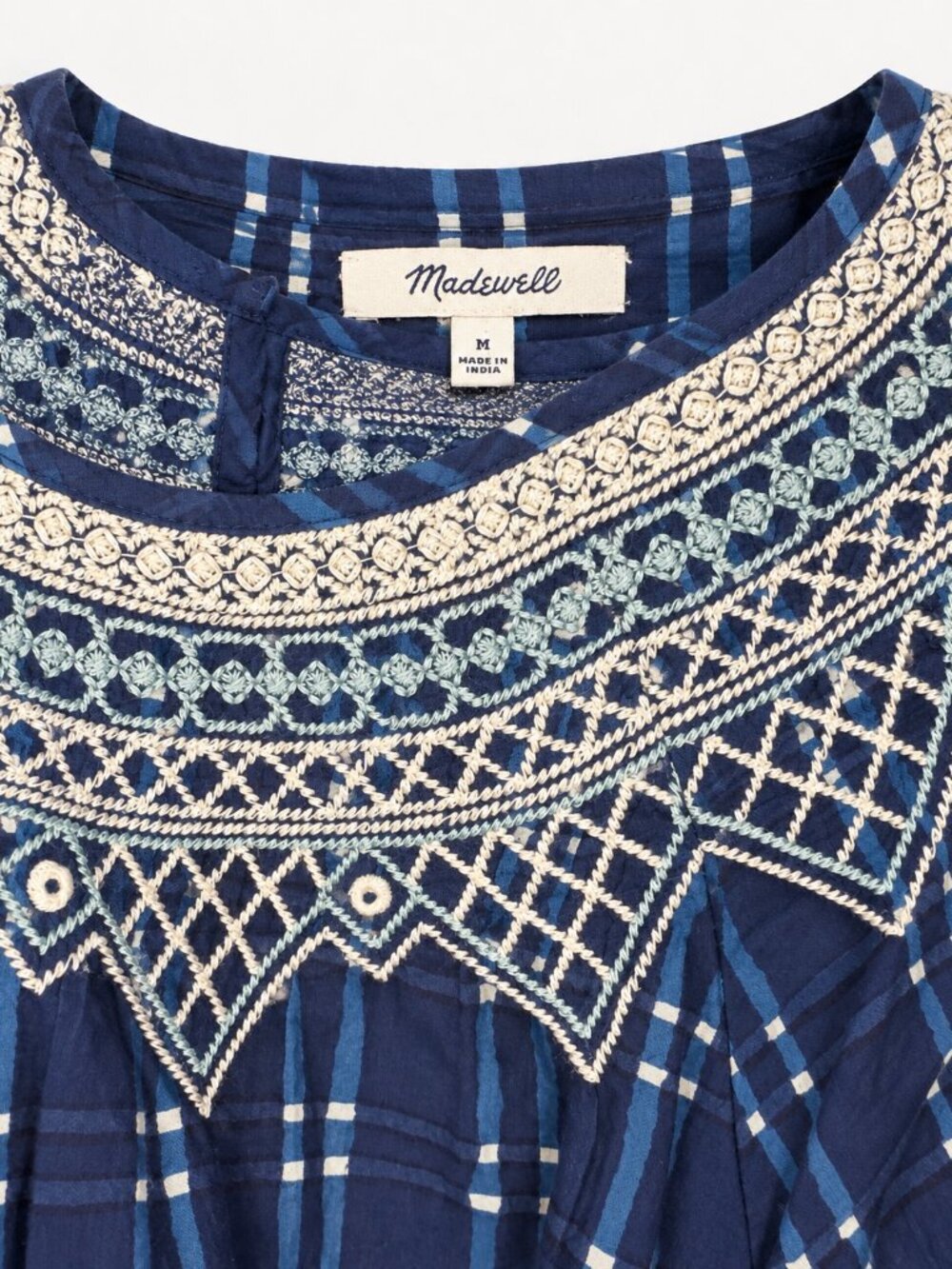 Madewell Navy Plaid Embroidered Shift Dress M Boho Cotton